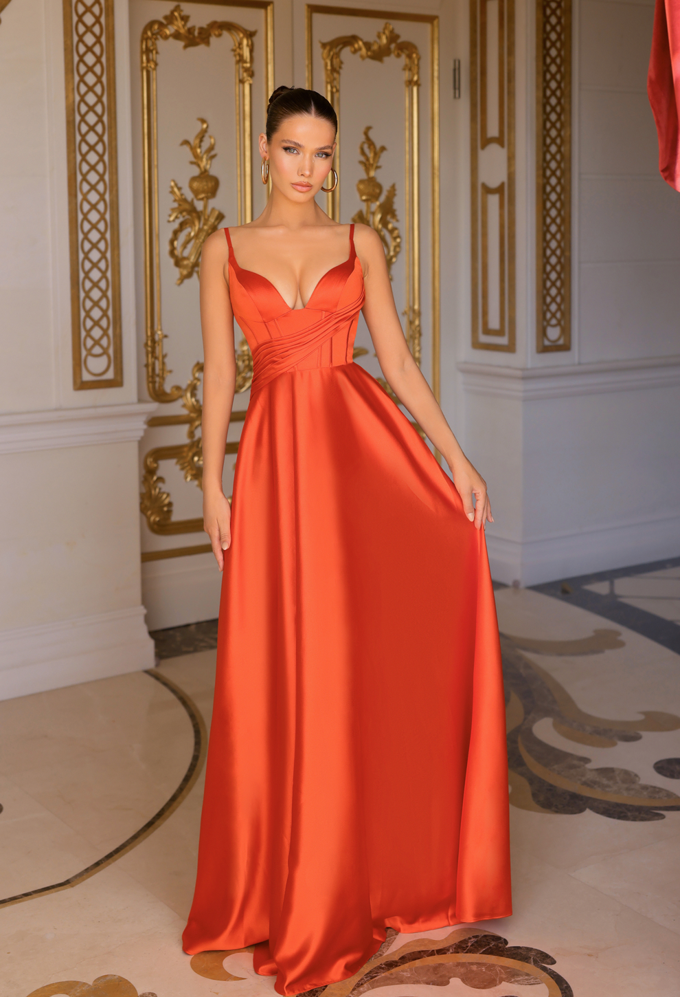 tangerine tango bridesmaid dresses Spaghetti Strap Tiered Tulle V-Neck Maxi Bridesmaid Dress