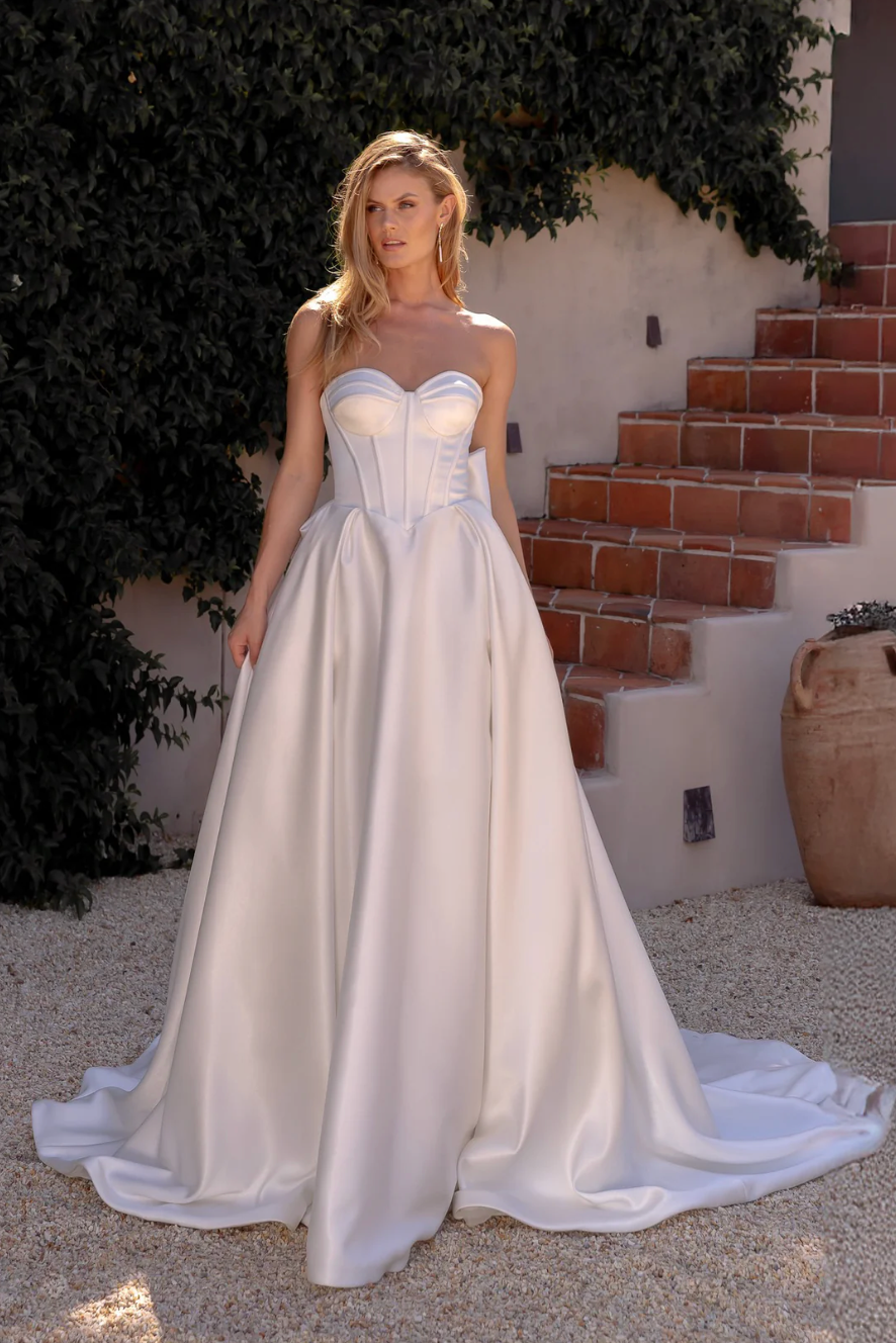 textured satin wedding dress Textured Satin A-Line Wedding Dress with Deep V-Neckline