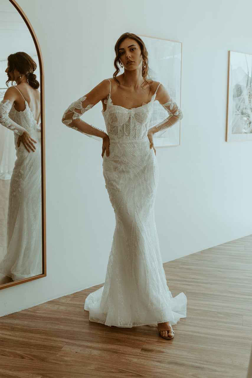 Sequin Fit and Flare Wedding Dress | Lace Bridal Gown AFTER FIVE Sequin Fit and Flare Wedding Dress | Lace Bridal Gown AFTER FIVE