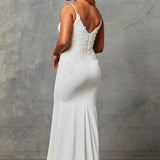 The back of a bride wearing a Crepe Fit and Flare Wedding Dress