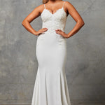 Bride wearing a Crepe Fit and Flare Wedding Dress