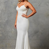 Bride wearing a Crepe Fit and Flare Wedding Dress