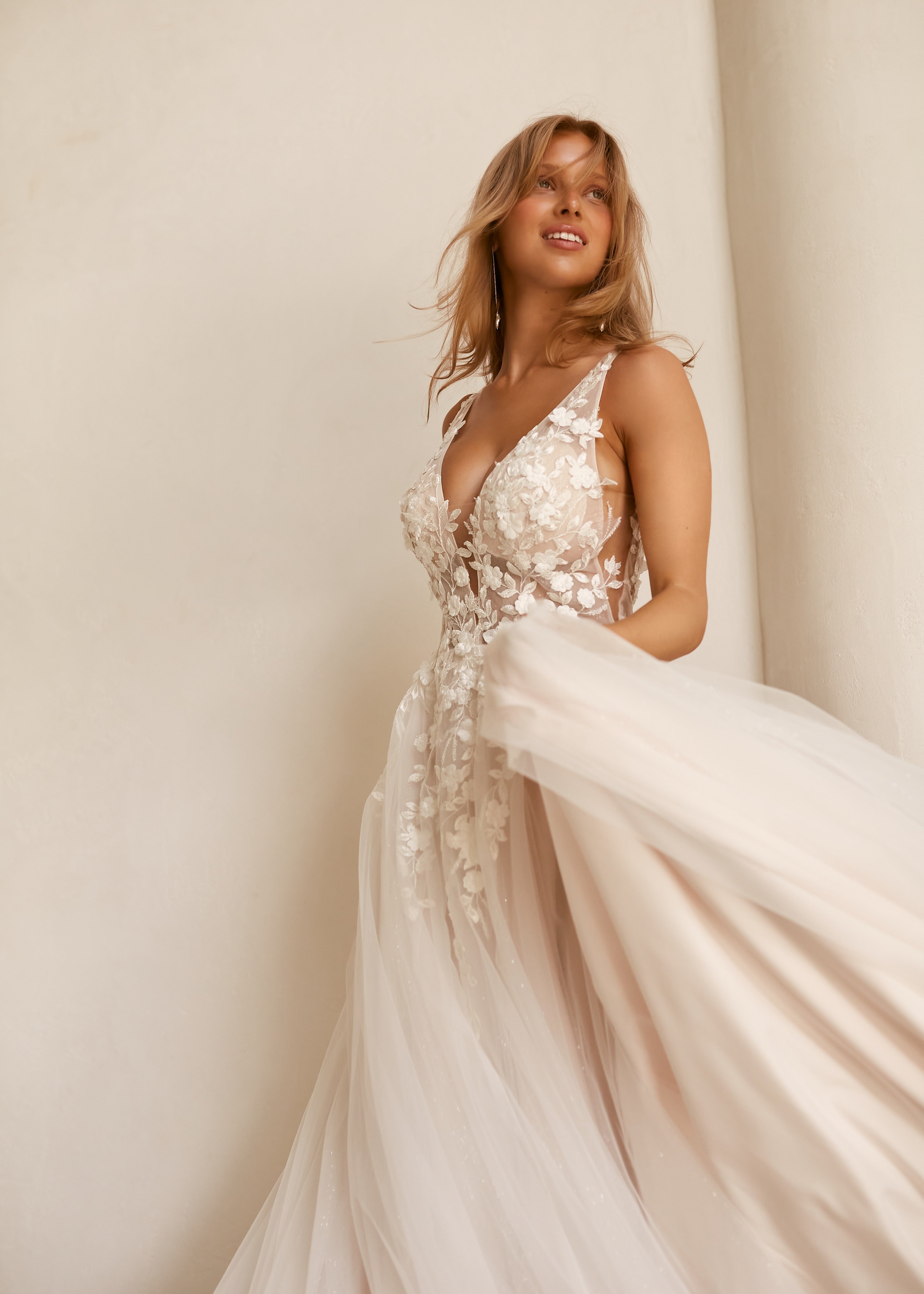 Bride wearing a Lace A-Line Wedding Dress