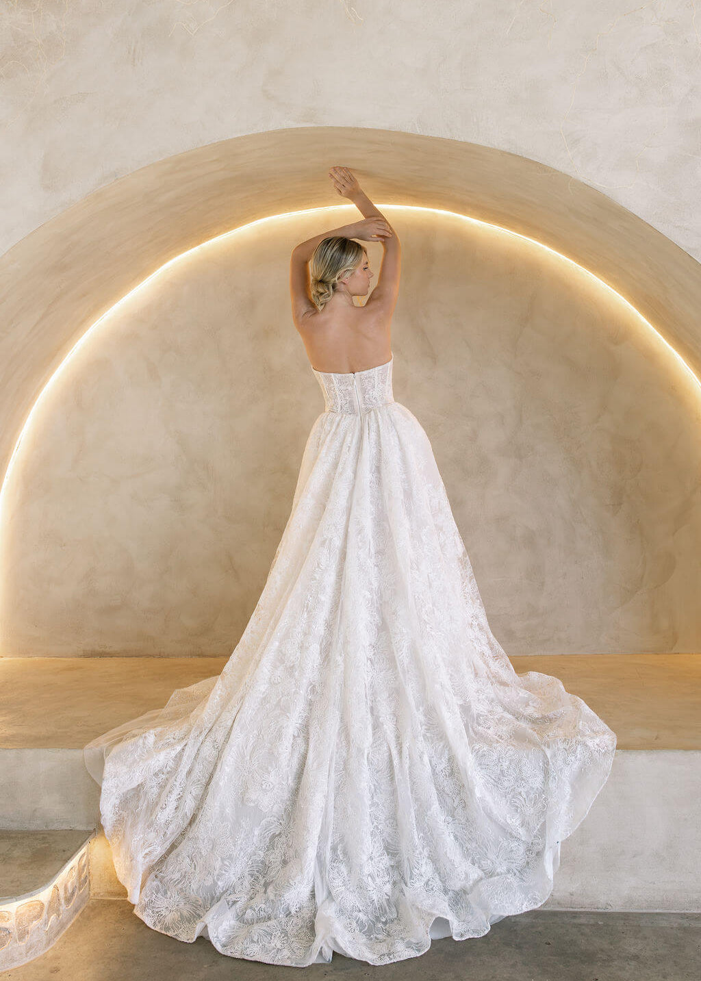Wintor embroidered lace ballgown wedding dress with strapless basque bodice and dramatic lace train, shown from the back.