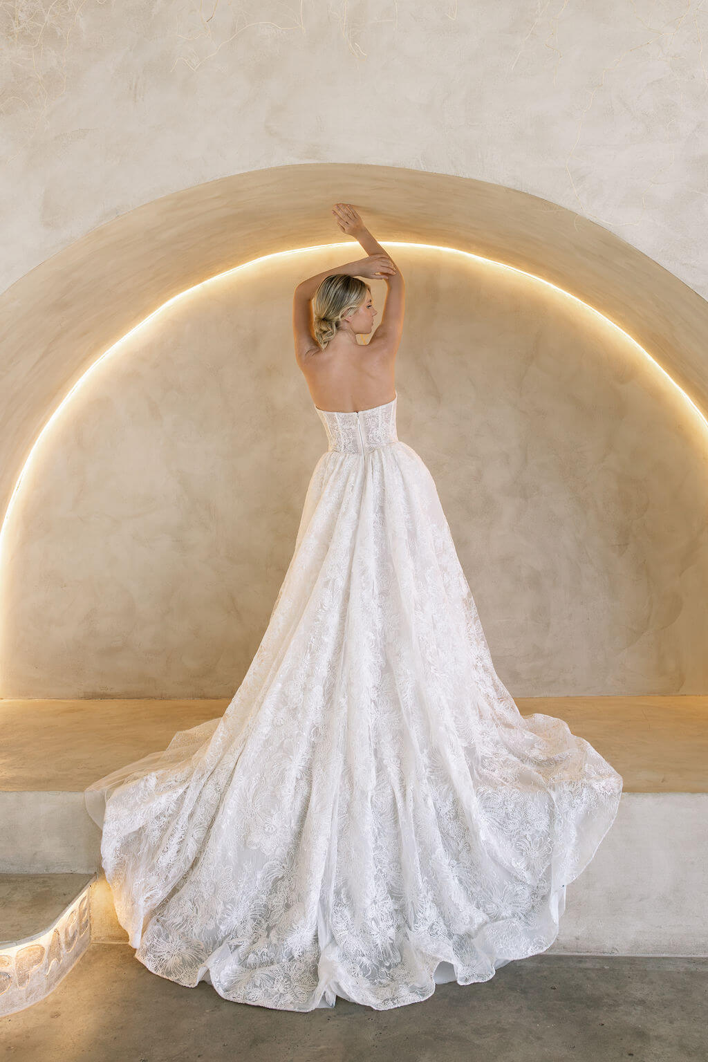 Wintor embroidered lace ballgown wedding dress with strapless basque bodice and dramatic lace train, shown from the back.