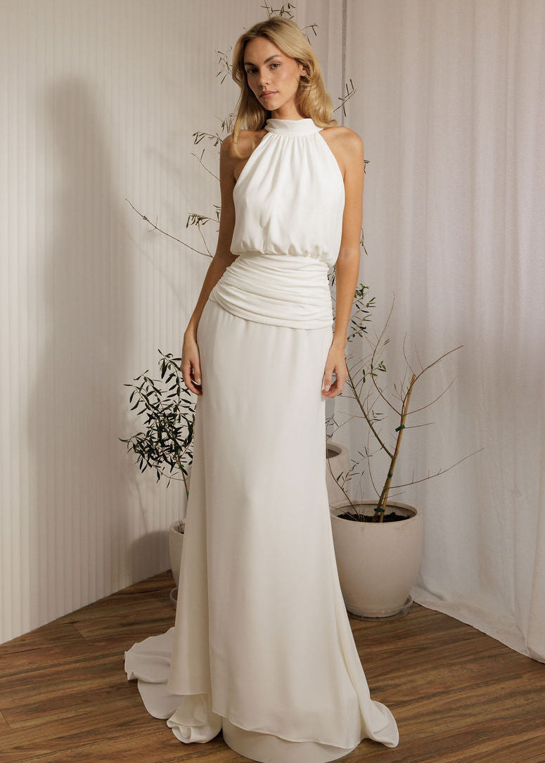 Aston minimalist wedding dress with halter neckline and sleek ivory silhouette