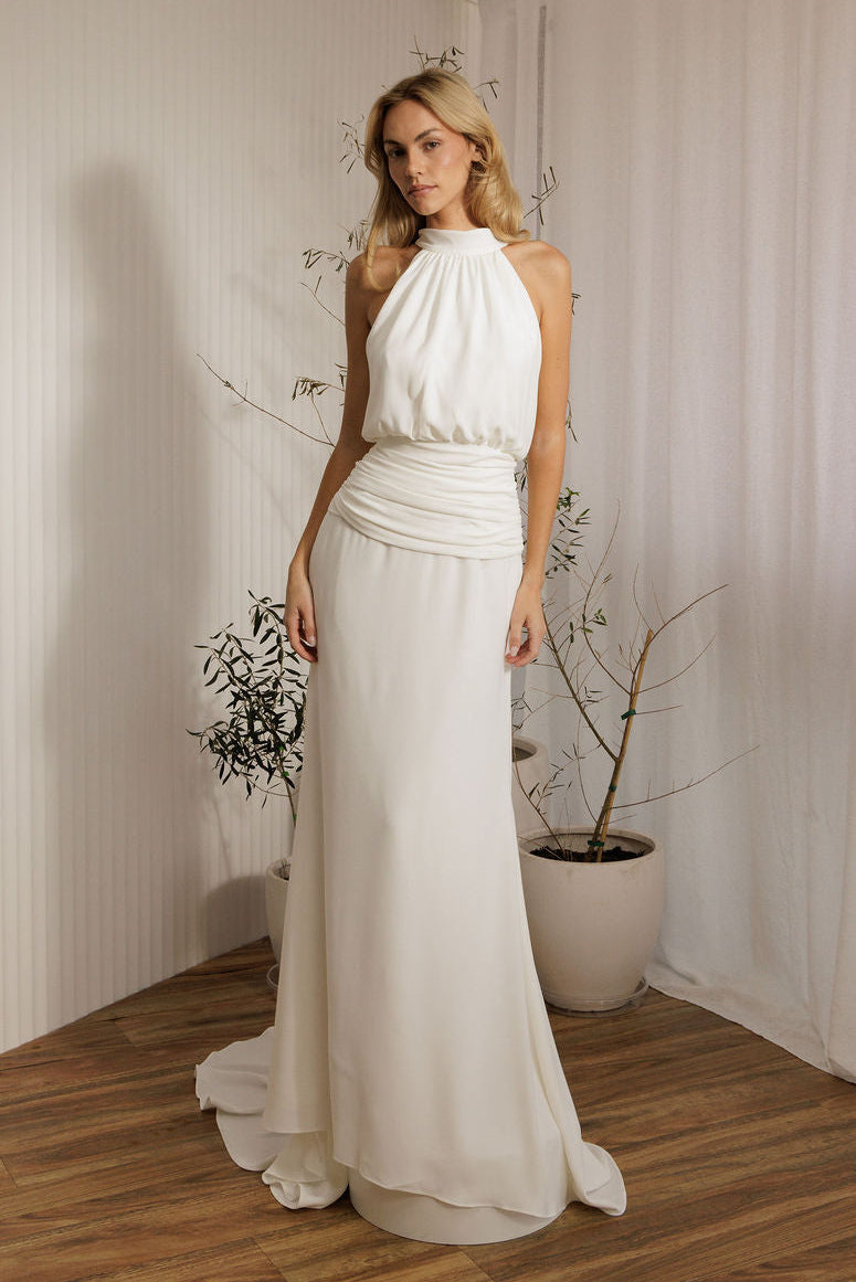 Aston minimalist wedding dress with halter neckline and sleek ivory silhouette
