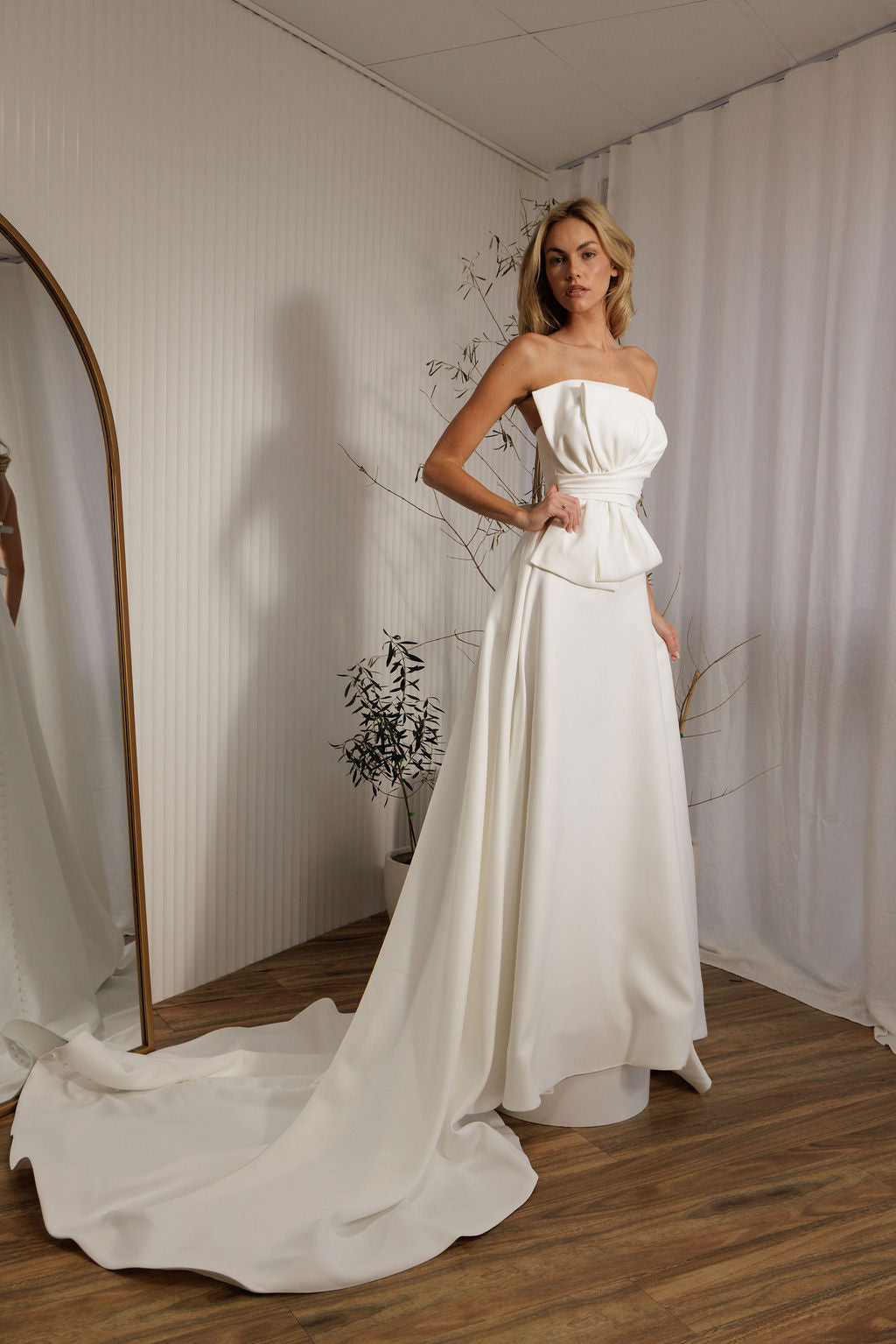 Austin designer wedding gown with clean lines and modern bridal silhouette