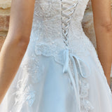Close-up of a Lace A-Line Wedding Dress with lace details.