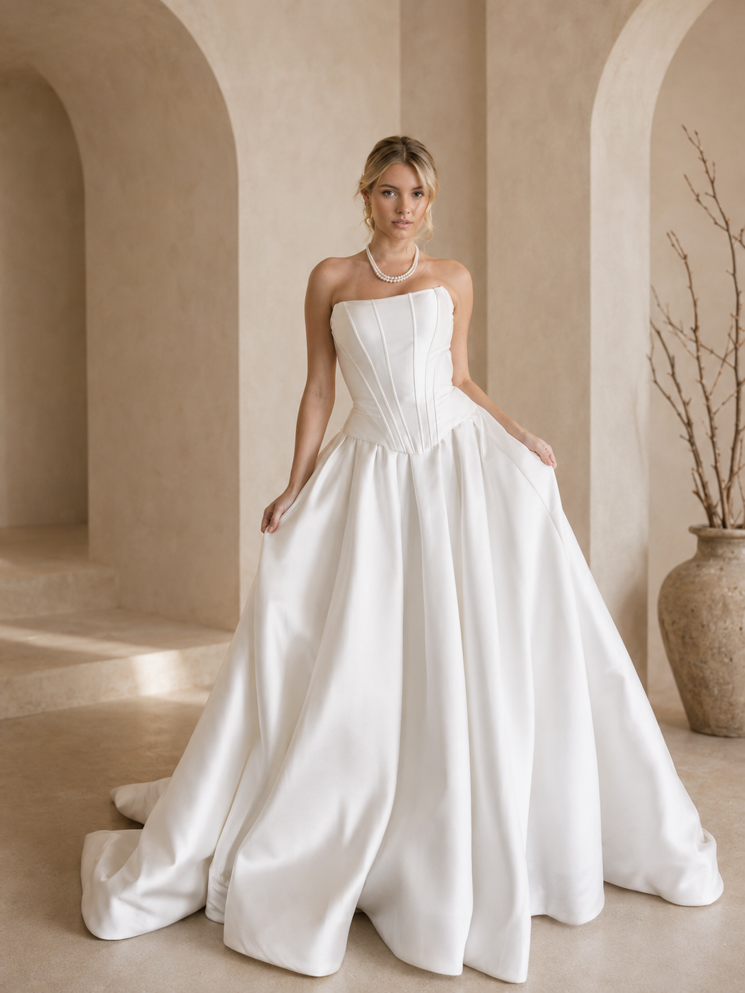 Woman in a Modern Mikado Wedding Dress standing in front of a modern architectural wall with lighting.