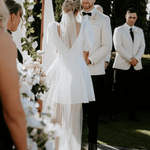 Belle Mini wedding dress in Brisbane featuring short A-line silhouette and puff sleeves