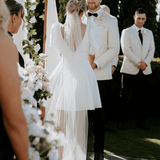 Belle Mini wedding dress in Brisbane featuring short A-line silhouette and puff sleeves