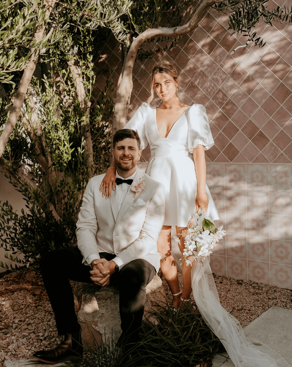 Belle Mini wedding dress in Brisbane featuring short A-line silhouette and puff sleeves