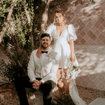 Belle Mini wedding dress in Brisbane featuring short A-line silhouette and puff sleeves