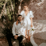 Belle Mini wedding dress in Brisbane featuring short A-line silhouette and puff sleeves