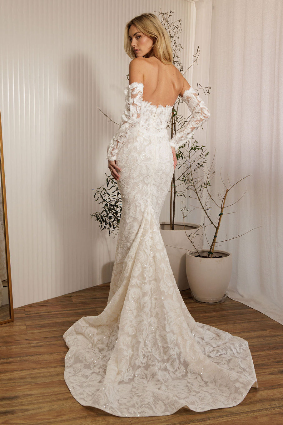 Ivory lace fit-and-flare delicate beaded lace statement gown wedding dress with off-the-shoulder sleeves and lace train back view