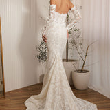Ivory lace fit-and-flare delicate beaded lace statement gown wedding dress with off-the-shoulder sleeves and lace train back view