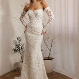 Ivory lace fit-and-flare delicate beaded lace statement gown wedding dress with sweetheart neckline and long lace sleeves