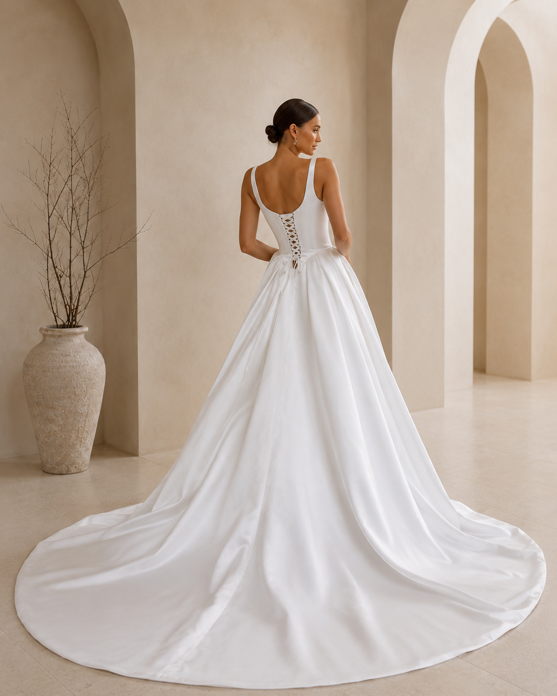back view of a bride wearing a satin A-line wedding dress with square neckline in a garden