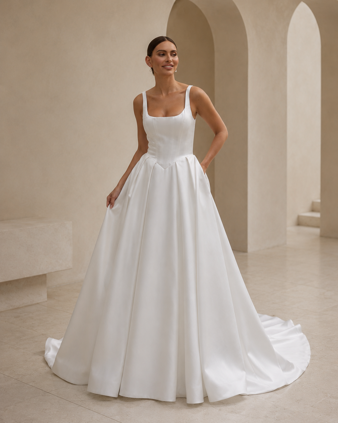 bride wearing a satin A-line wedding dress with square neckline in a garden
