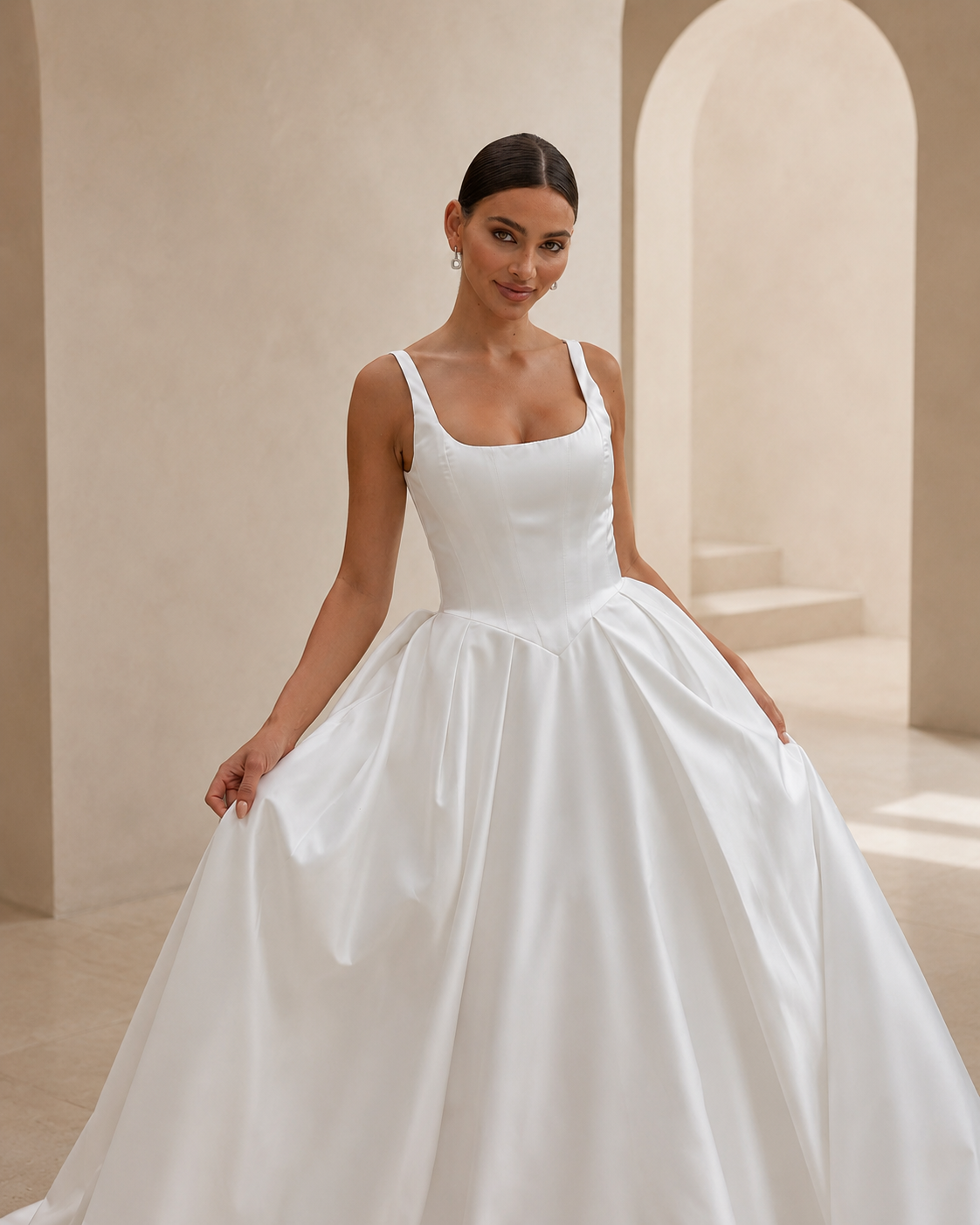 detail shot of a bride wearing a satin A-line wedding dress with square neckline in a garden