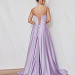 Celine satin A-line forma; dress back view with strapless corset bodice, lace-up back detail and flowing satin skirt.