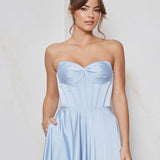 Celine satin A-line formal dress in soft blue with strapless corset bodice and structured flowing skirt.