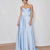 Celine satin A-line formal dress in soft blue with strapless corset bodice and structured flowing skirt.
