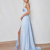 Celine satin A-line formal dress side view with strapless corset bodice, high leg split and flowing satin skirt.