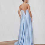 Celine satin A-line formal dress back view with strapless corset bodice, lace-up back detail and flowing satin skirt.
