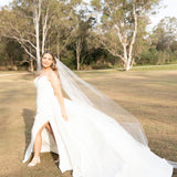 Woman in a Fit and Flare Wedding Dress with Overskirt with a long veil standing in a grassy field with trees.