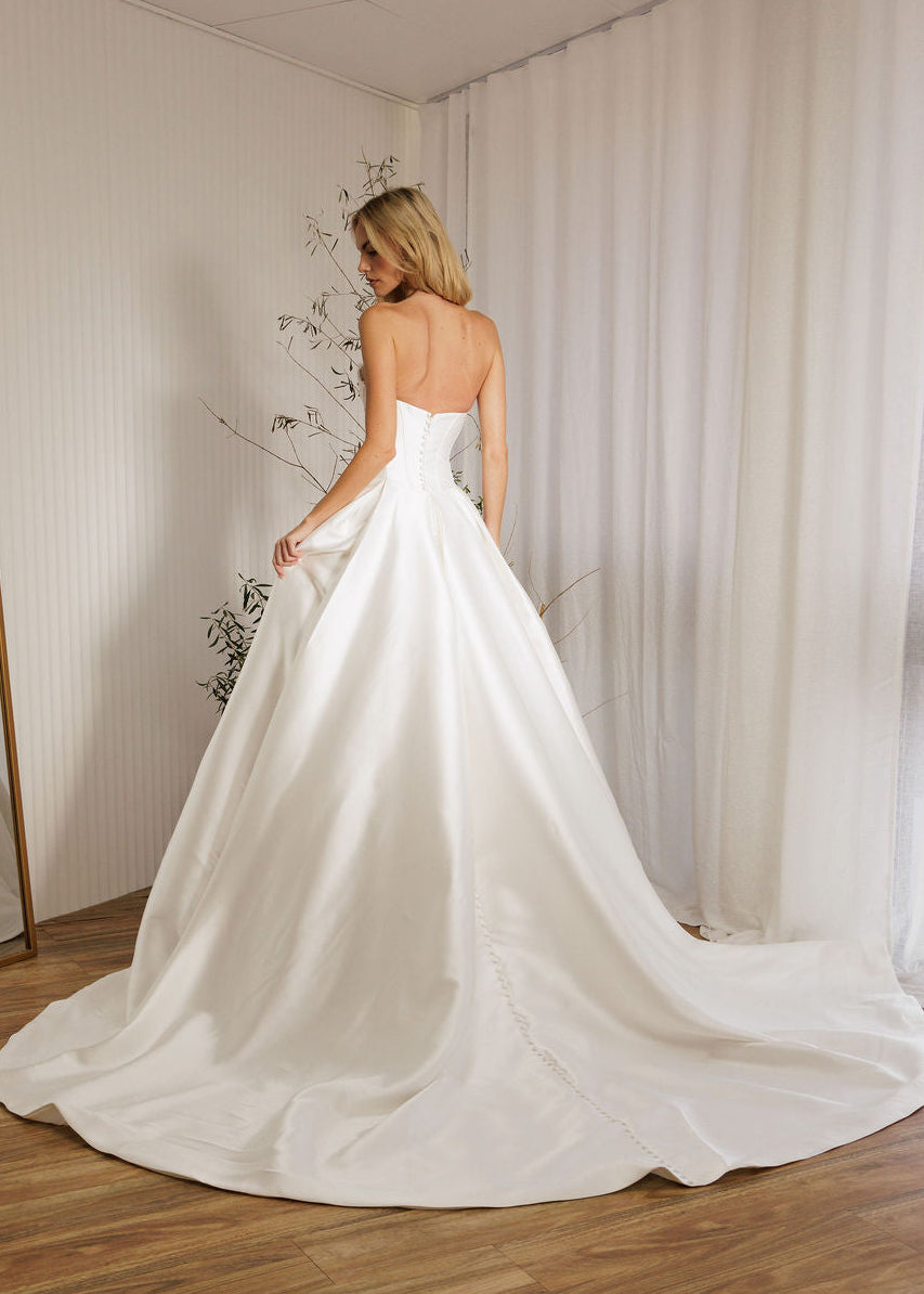 Back view of Mayfair Mikado ballgown wedding dress with sweetheart neckline and full skirt