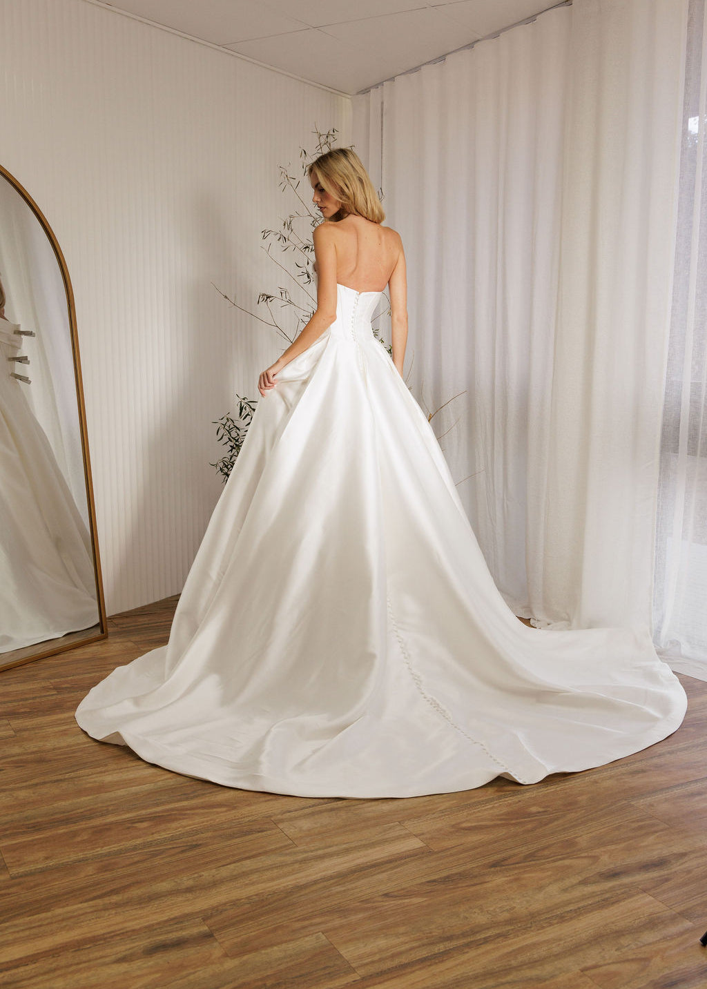 Back view of Mayfair Mikado ballgown wedding dress with sweetheart neckline and full skirt