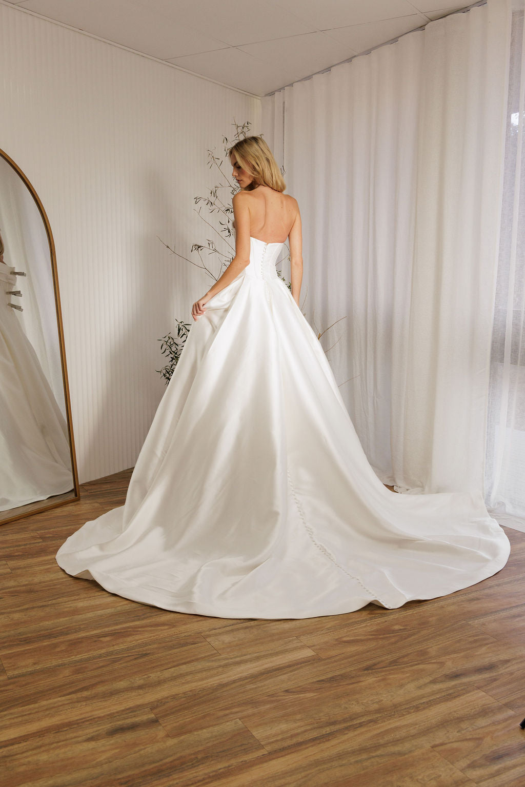 Back view of Mayfair Mikado ballgown wedding dress with sweetheart neckline and full skirt