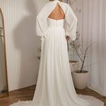 Ophelia romantic chiffon wedding dress back view with flowing chiffon skirt and billowy sleeves