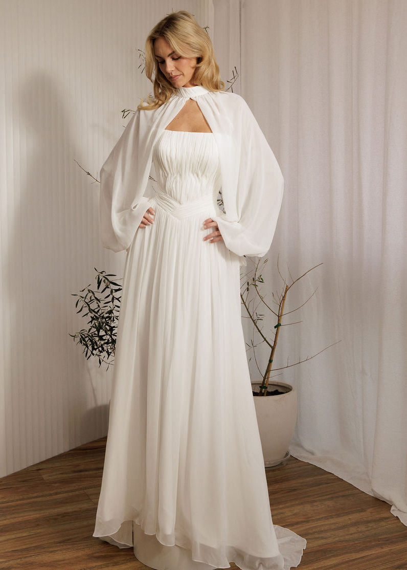 Ophelia romantic chiffon wedding dress with billowy sleeves and flowing chiffon skirt