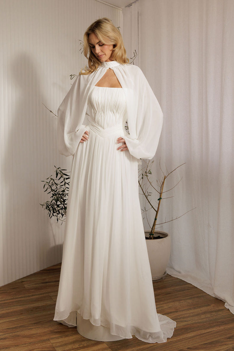 Ophelia romantic chiffon wedding dress with billowy sleeves and flowing chiffon skirt