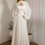 Ophelia romantic chiffon wedding dress with billowy sleeves and flowing chiffon skirt