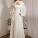 Ophelia romantic chiffon wedding dress with billowy sleeves and flowing chiffon skirt