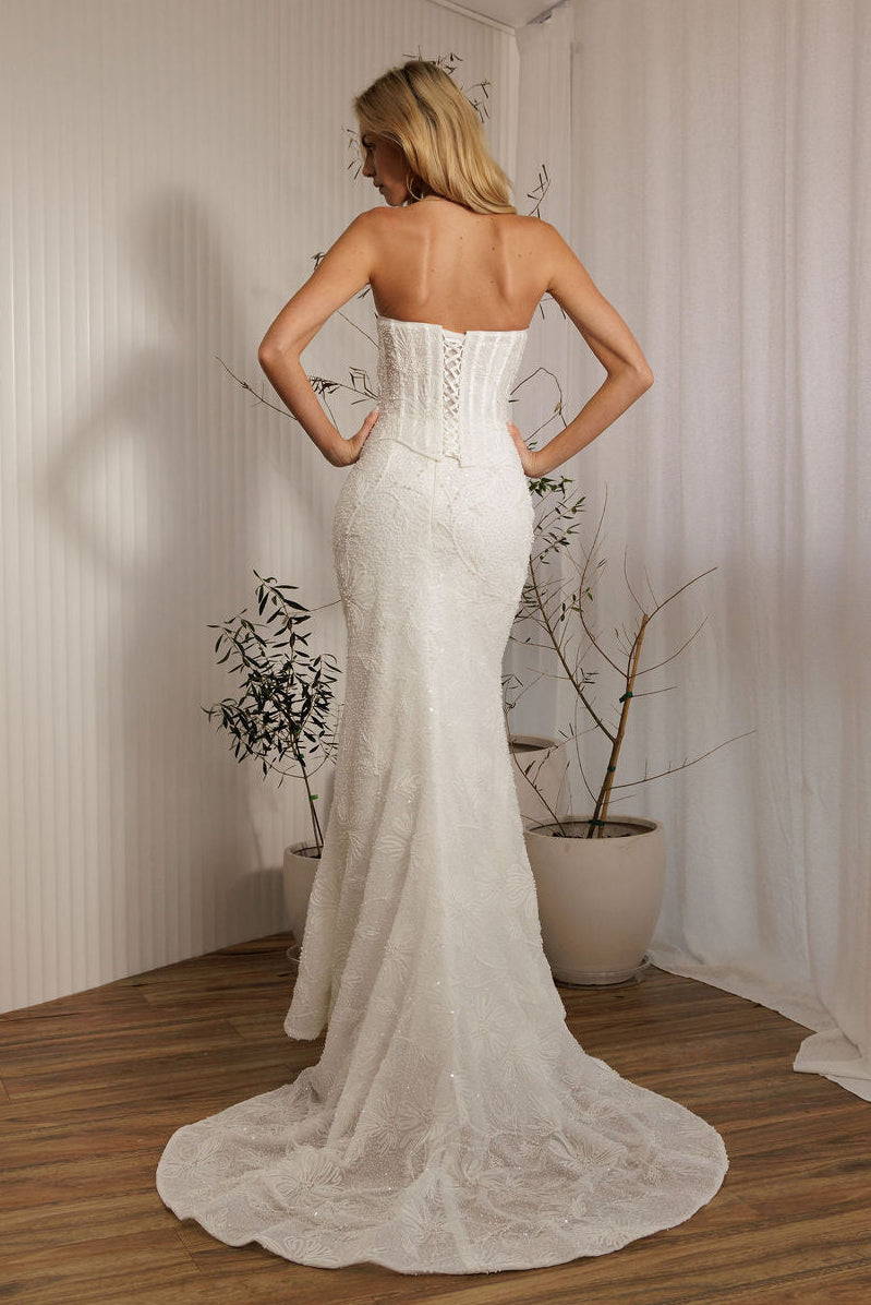 Back view of Prague beaded crepe fit-and-flare wedding dress with lace-up corset bodice and train