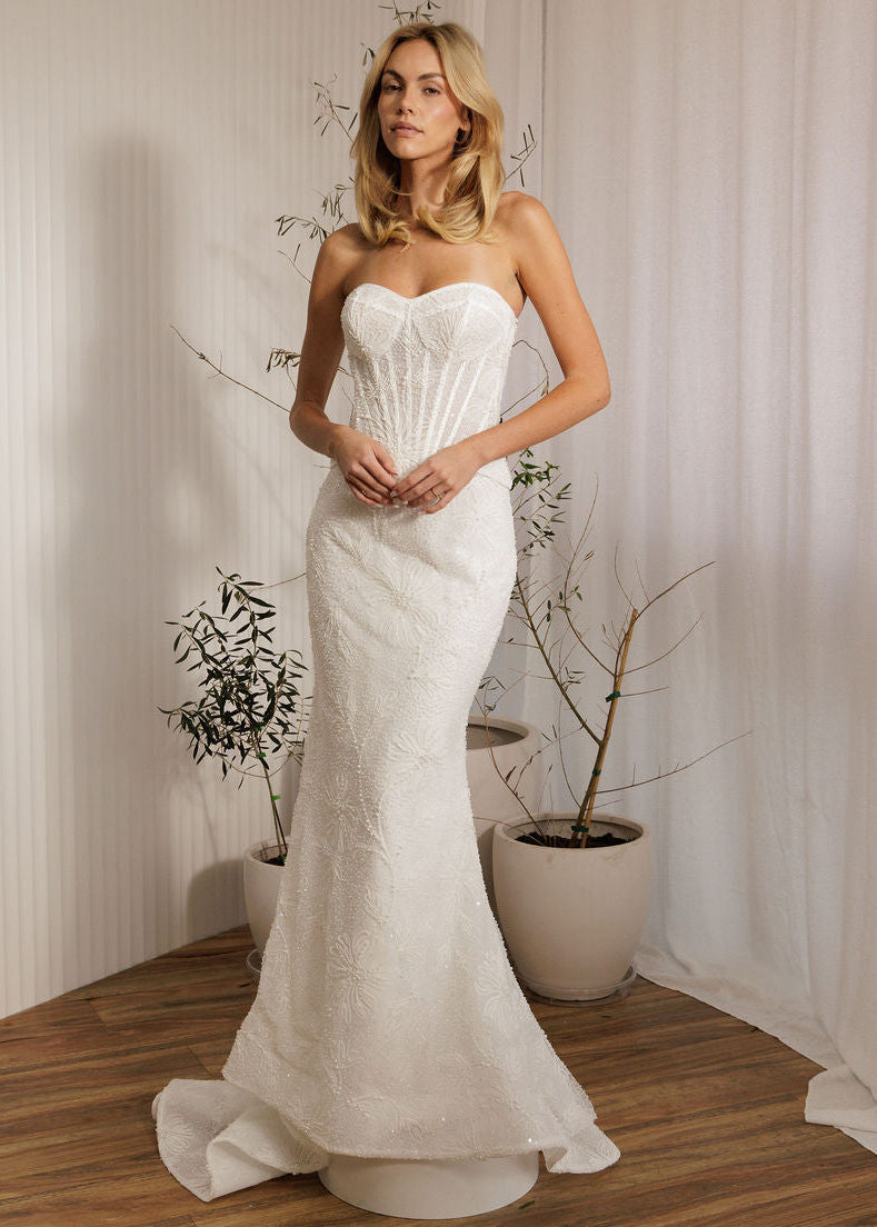 Prague beaded crepe fit-and-flare wedding dress with strapless sweetheart neckline and sculpted bodice