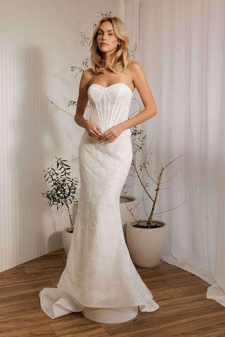 Prague beaded crepe fit-and-flare wedding dress with strapless sweetheart neckline and sculpted bodice