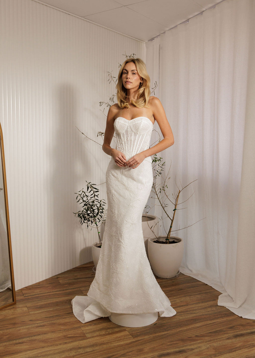 Prague beaded crepe fit-and-flare wedding dress with strapless sweetheart neckline and sculpted bodice