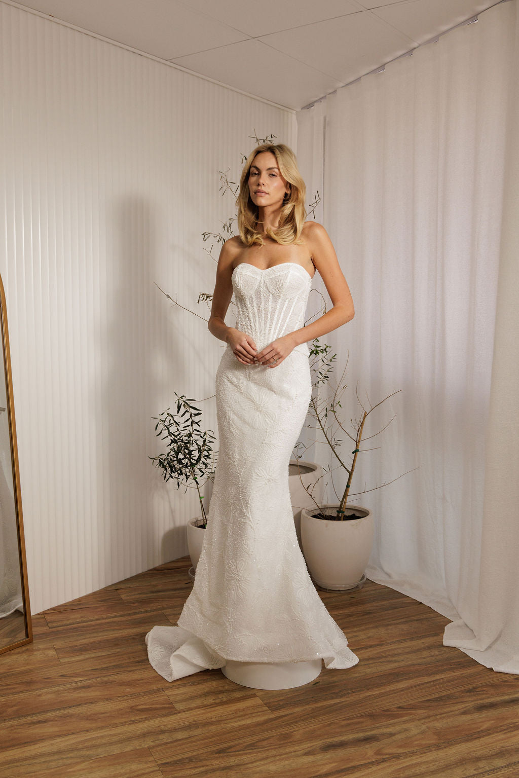 Prague beaded crepe fit-and-flare wedding dress with strapless sweetheart neckline and sculpted bodice