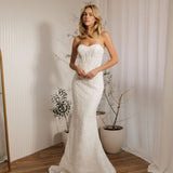 Prague beaded crepe fit-and-flare wedding dress with strapless sweetheart neckline and sculpted bodice