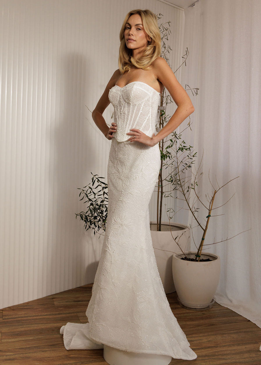 Prague beaded crepe fit-and-flare wedding dress with strapless sweetheart neckline and sculpted bodice