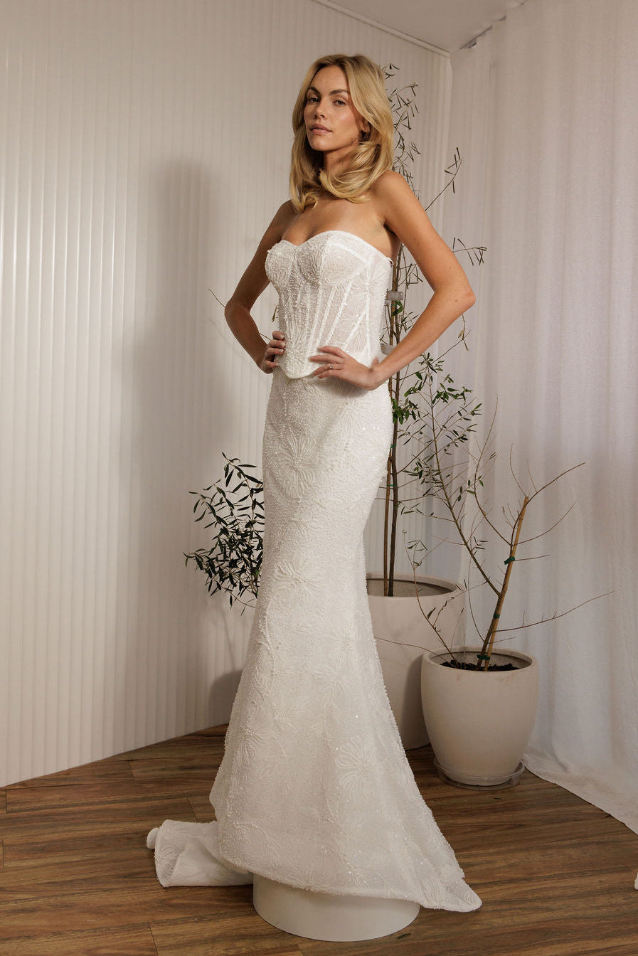 Prague beaded crepe fit-and-flare wedding dress with strapless sweetheart neckline and sculpted bodice