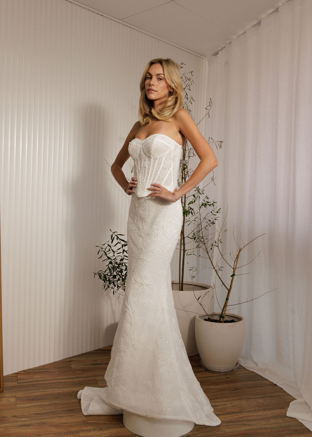 Prague beaded crepe fit-and-flare wedding dress with strapless sweetheart neckline and sculpted bodice