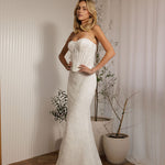 Prague beaded crepe fit-and-flare wedding dress with strapless sweetheart neckline and sculpted bodice