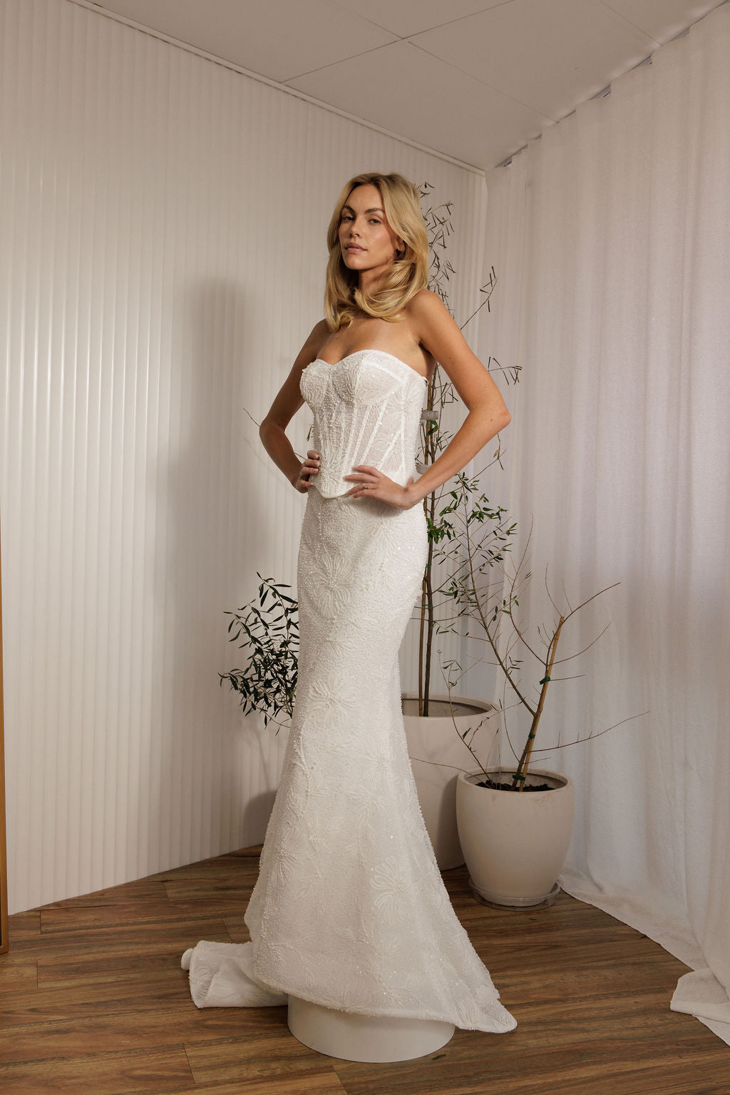 Prague beaded crepe fit-and-flare wedding dress with strapless sweetheart neckline and sculpted bodice